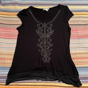 Vintage Suzie Black Rhinestone Embellished Tunic Top‎ Medium Blouse